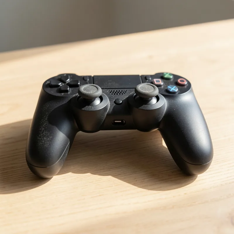 Manette de jeu noire posée à plat sur une table en bois, joysticks vus de près en lumière rasante