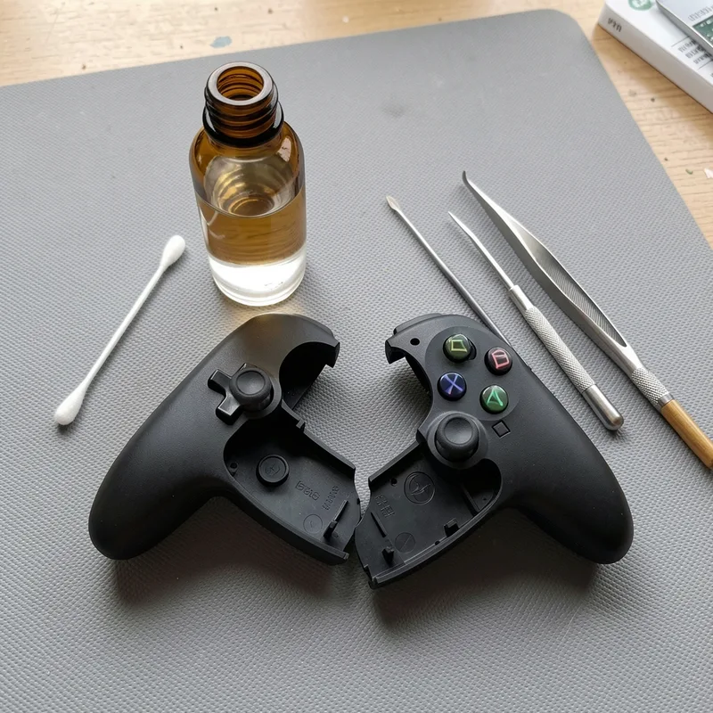 Coton-tige et petit flacon d&rsquo;alcool isopropylique posés à côté d&rsquo;une manette de jeu démontée