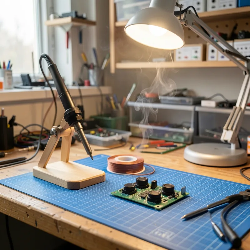 Fer à souder et carte électronique de manette posés sur un tapis de réparation, éclairage d&rsquo;atelier