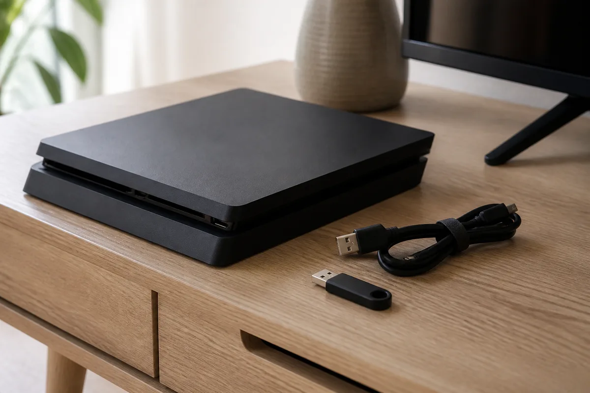 Console de jeu posée sur un meuble en bois clair, câble USB et clé de sauvegarde à côté