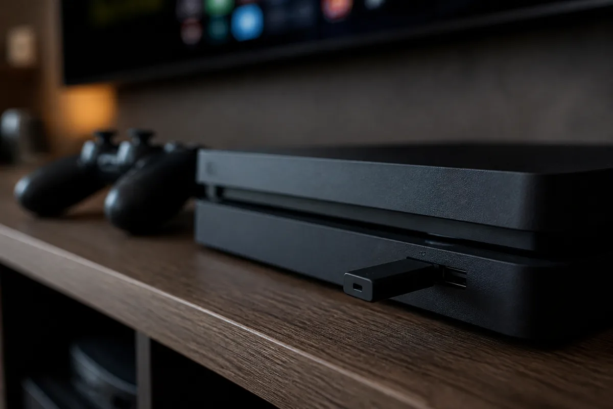 Clé USB branchée sur une console de salon, éclairage tamisé, arrière-plan flou