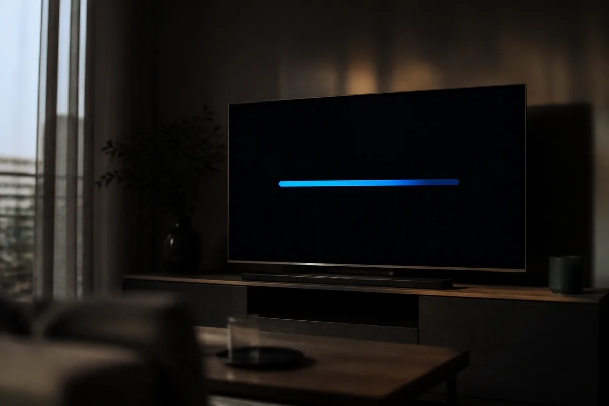 Écran de télévision affichant une barre de progression bleue dans un salon sombre