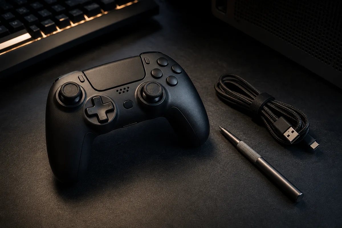 Manette de console posée sur un bureau sombre à côté d'un câble USB et d'un tournevis de précision
