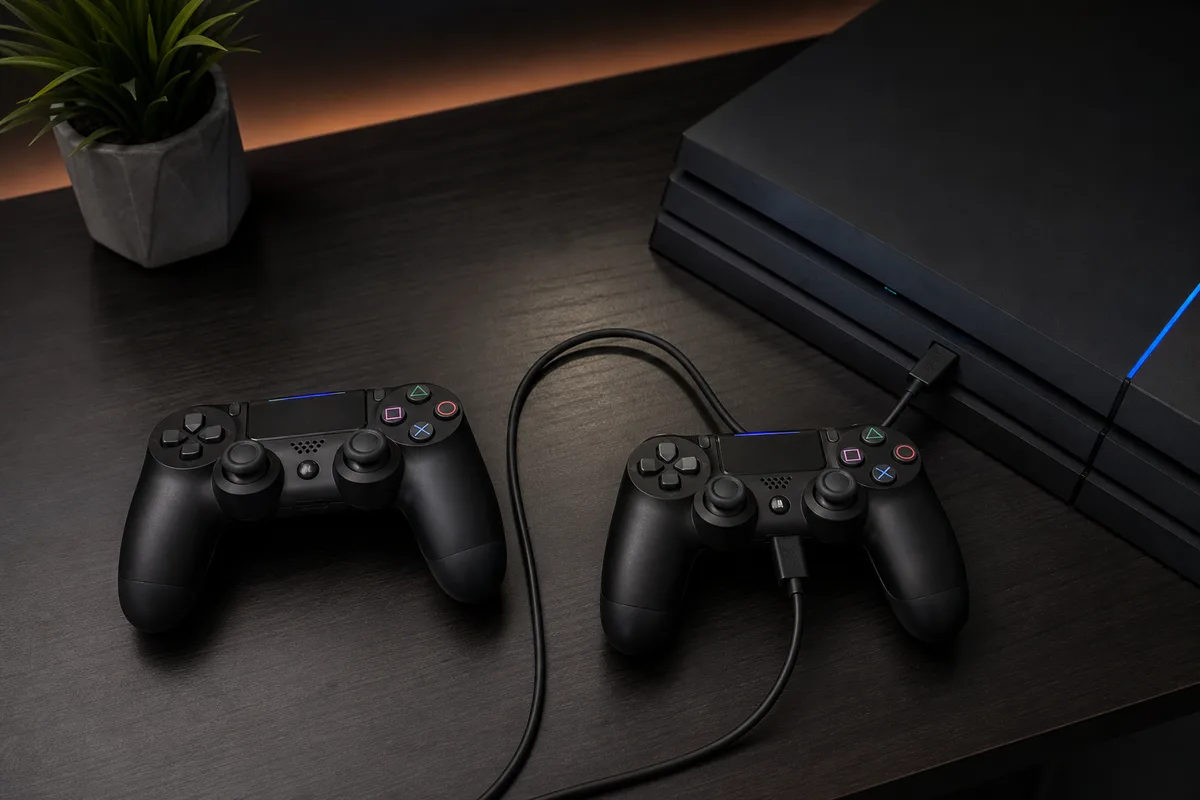 Deux manettes PS4 posées côte à côte, l&rsquo;une branchée par un câble USB à la console