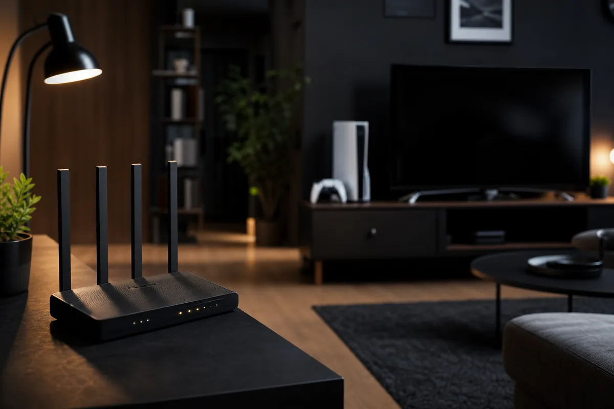 Salon avec un routeur Wi-Fi et une console de jeu séparés par quelques mètres