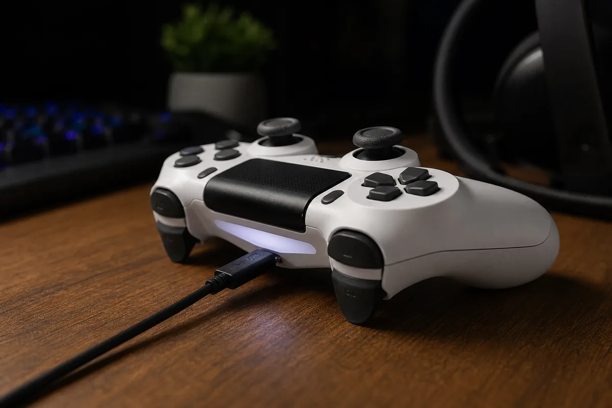 Câble micro-USB branché sur une manette PS4 blanche posée sur une table en bois
