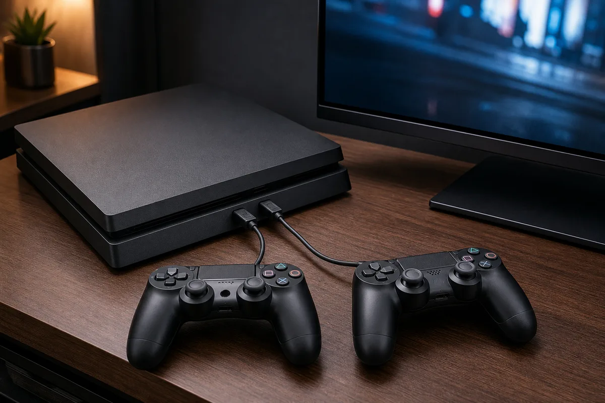Console PS4 posée près d&rsquo;un téléviseur avec deux manettes branchées en USB