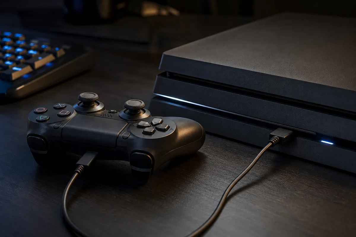 Manette PS4 branchée en USB sur la façade d’une console de salon allumée