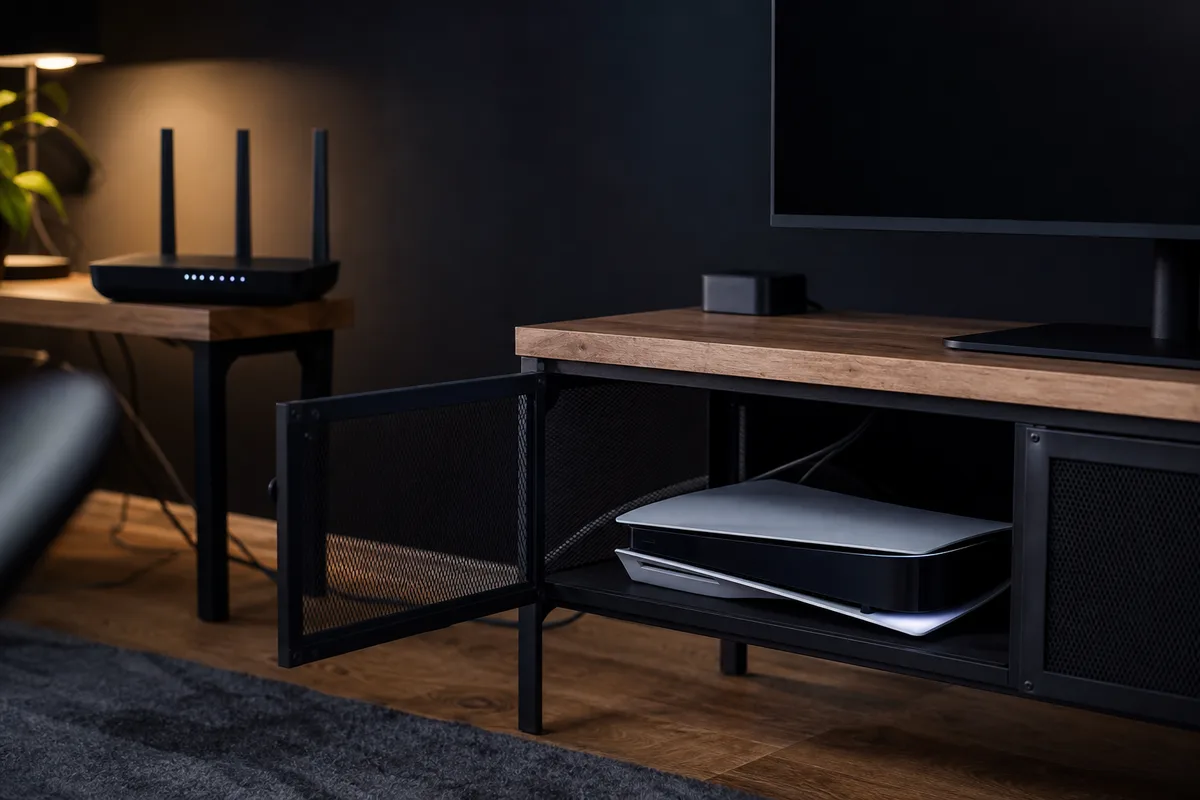 Console de jeu posée dans un meuble ouvert, à distance d’une box internet