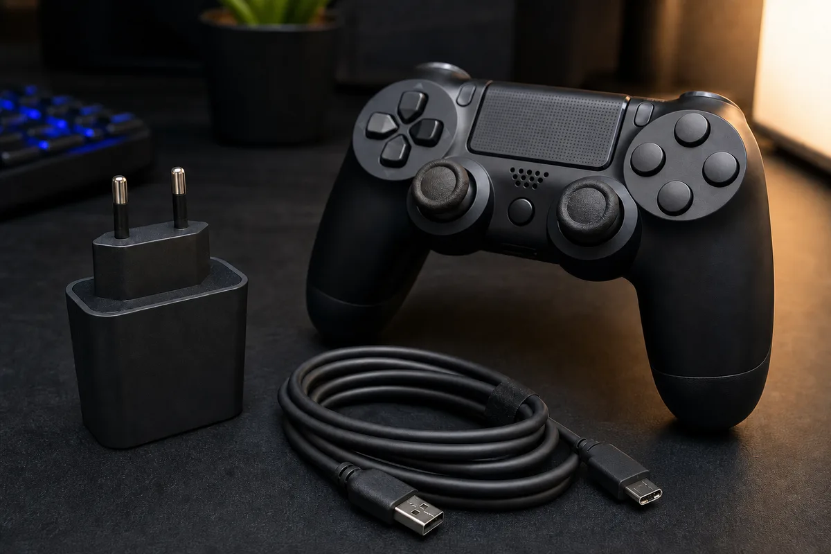 Câble micro-USB et manette PS4 posés près d&rsquo;un chargeur secteur sur une table
