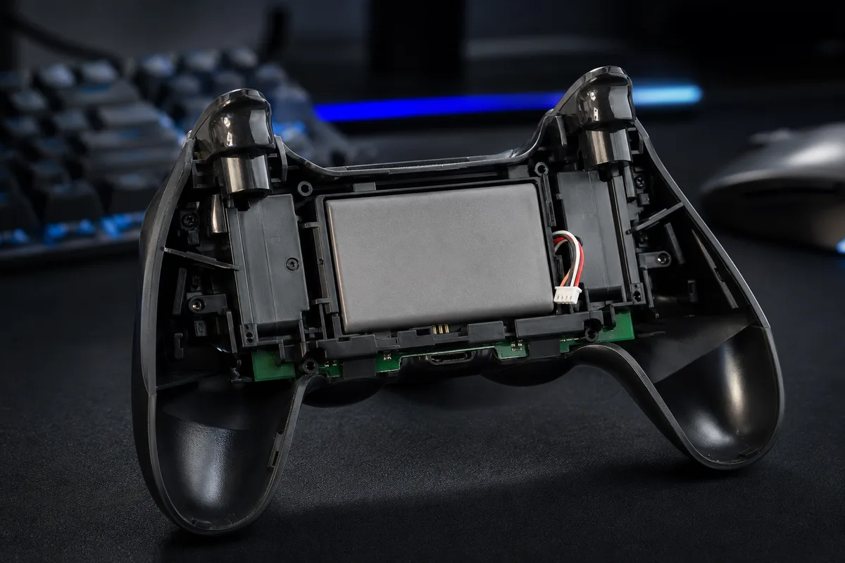 Coque arrière de manette PS4 ouverte laissant voir la batterie interne