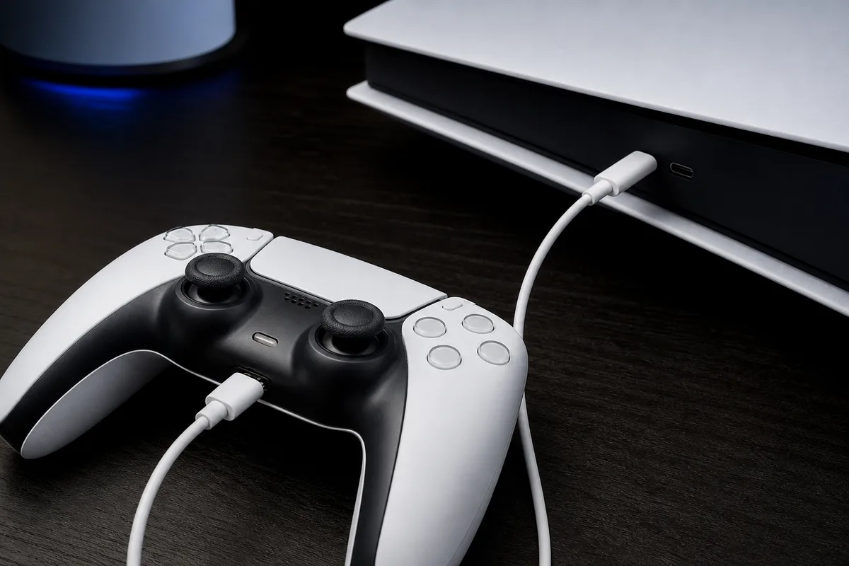 Manette PS5 blanche branchée par un câble USB-C à la façade d’une console