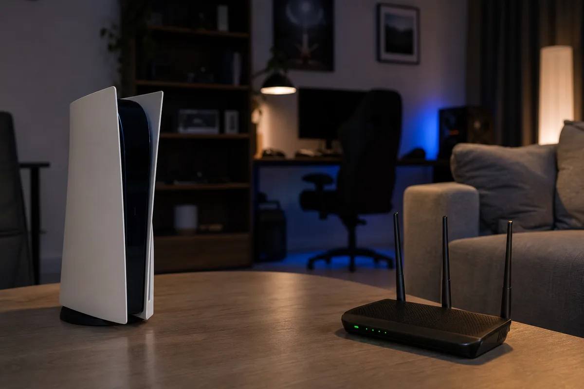 Console PS5 posée verticalement à distance d’un routeur internet dans un salon