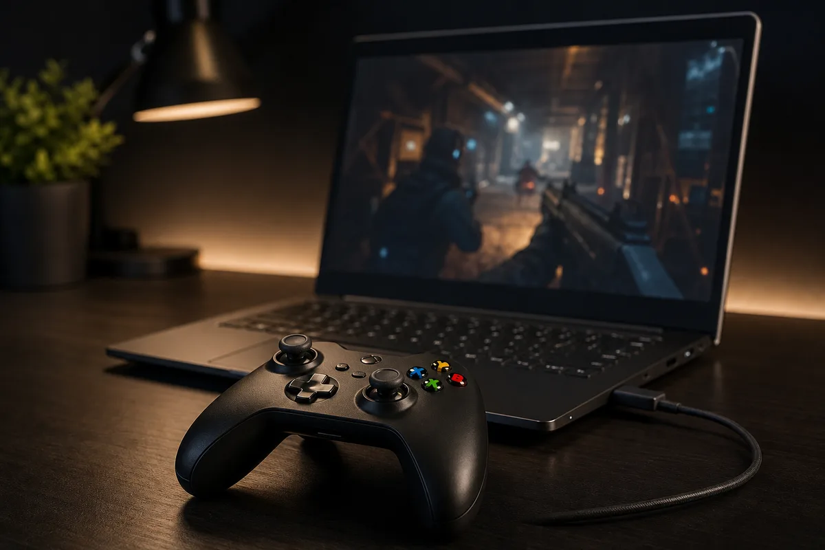 Manette Xbox posée devant un ordinateur portable, reliée par un câble USB