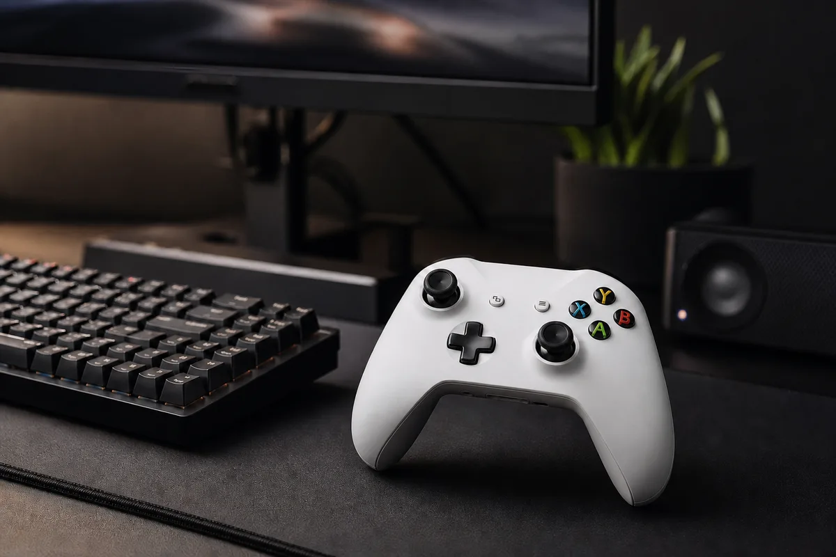 Manette Xbox blanche posée sur un bureau à côté d&rsquo;un clavier et d&rsquo;un écran