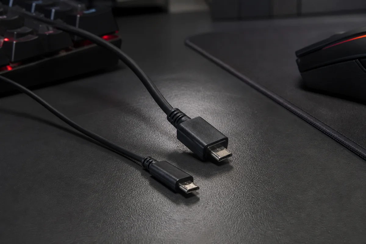 Deux câbles micro-USB posés sur un plan de travail, l&rsquo;un fin et l&rsquo;autre plus épais