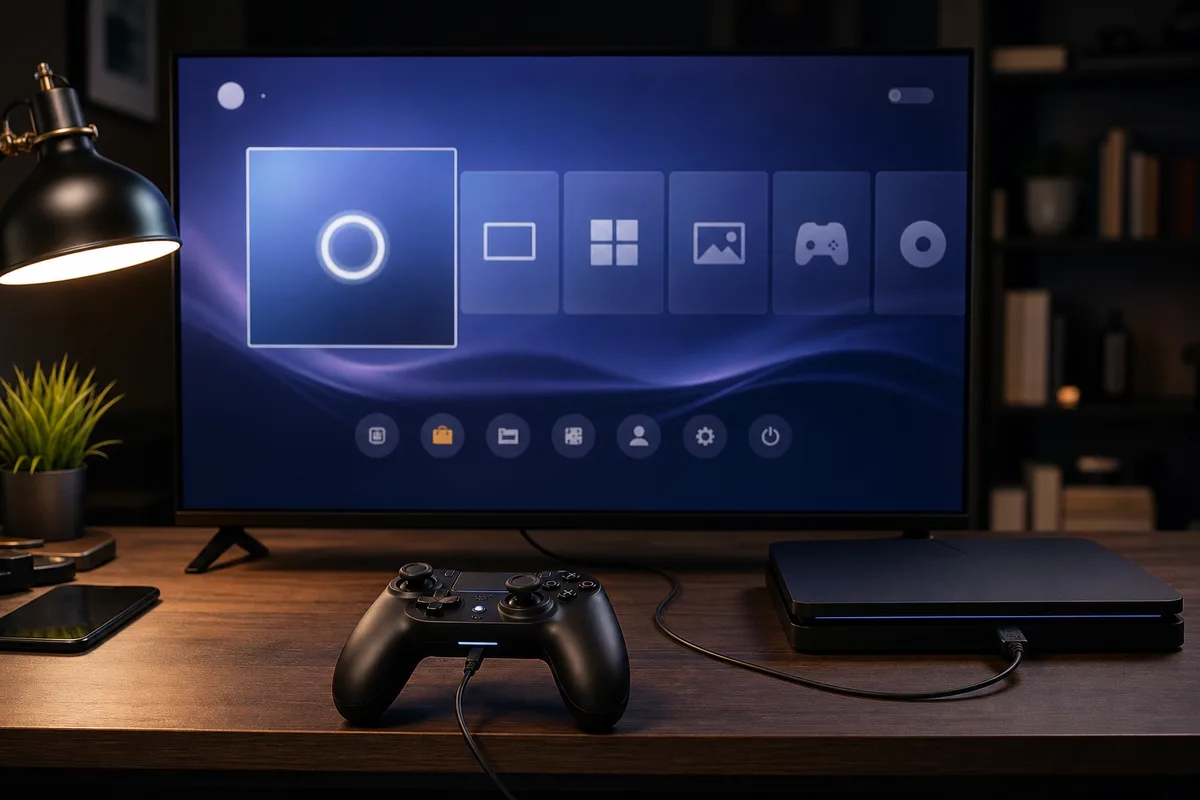 Écran de télévision affichant un menu de démarrage de console avec une manette branchée