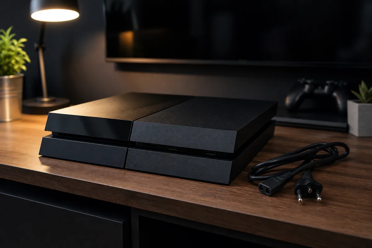 Console PS4 posée sur un meuble, cordon d’alimentation débranché à côté