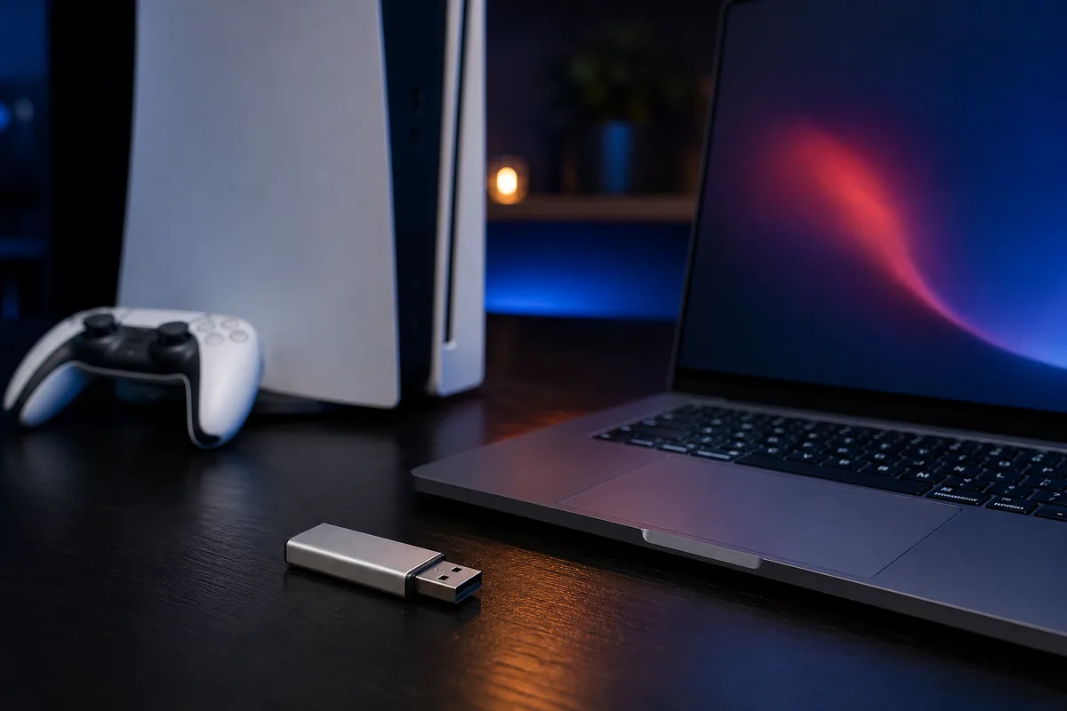 Clé USB posée à côté d’une console de jeu et d’un ordinateur portable ouvert